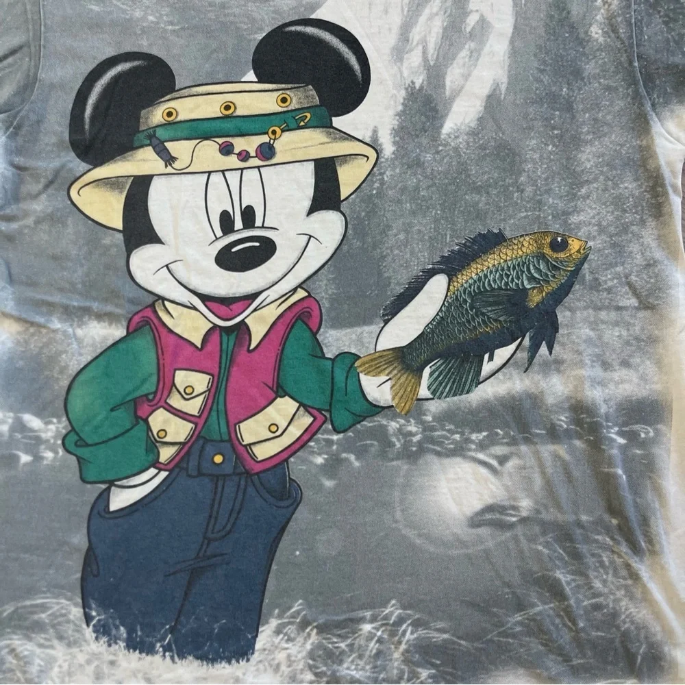 Vintage Single Stitch Mickey Mouse AOP Fish Fishing Tee Large Unisex